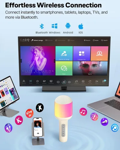 Vista 4 de Micrófono de karaoke inalámbrico Bluetooth con luces dinámicas, micrófono de mano portátil, 6 efectos de sonido, batería de 10 horas, perfecto