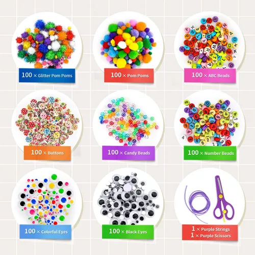 Vista 2 de kortes Suministros de arte y manualidades jumbo para niños, juego de suministros de arte de bricolaje incluye limpiapipas, pompones, plumas, caja