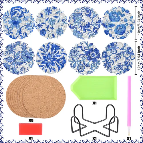 Vista 2 de Juego de posavasos con diseño de diamantes de flores azules, posavasos de diamante acrílico 5D con base de corcho y soporte para adultos, 8
