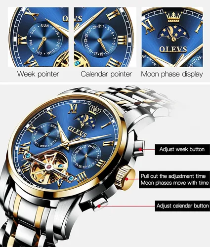 Vista 6 de OLEVS Reloj mecánico automático para hombre, vestido de lujo, impermeable, cuerda automática, cronógrafo de fase lunar, acero inoxidable, fecha