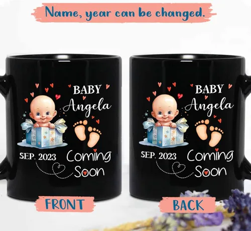 Vista 2 de Baby Coming Soon - Taza de café negra de 11 onzas y 15 onzas, taza de café personalizada para papá con nombre, taza de café de cerámica con anuncio