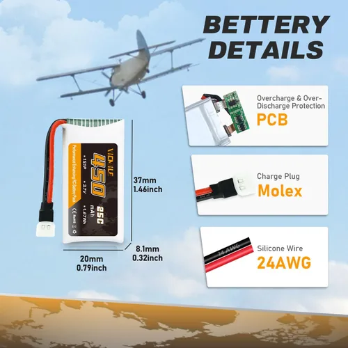 Vista 3 de 3.7V Lipo Batería 450mAh Alta Capacidad 25C RC Molex Drone Batería con 5-en-1 Cargador para SYMA Q11 AT-96 TR-C385 TR-P51 TR-F22 H99W H31 H6C H98