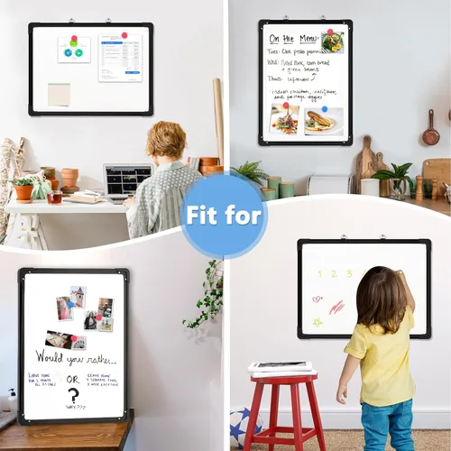 Vista 6 de Pizarra blanca magnética de doble cara, 16 x 12 pulgadas (negro) Dry Erase Board, Whiteboard for Wall Hanging Marker Board White Board Dry Erase