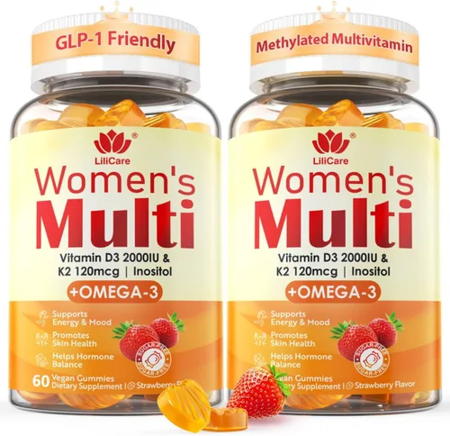 Vista 9 de Gomitas multivitamínicas para mujer con Omega 3 (DHA/EPA), vitamina D3 K2, calcio, inositol, complejo diario de vitamina A C E B, L-metilfolato