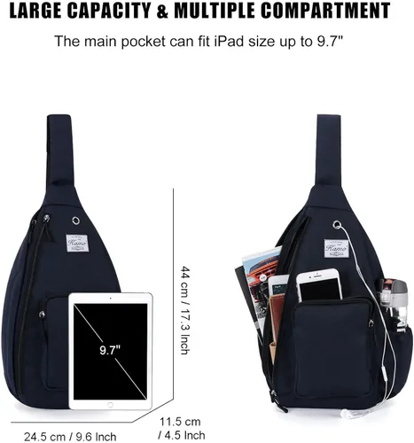 Vista 2 de KAMO Mochila bandolera para el pecho, bolsa cruzada para ciclismo, viajes, senderismo, para hombres, mujeres, niños con agujero para auriculares