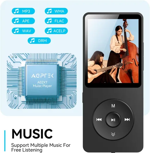 Vista 5 de Reproductor MP3 AGPTEK A02 con Bluetooth 5.3, reproductor de música portátil con pantalla de 1.8 pulgadas, bocina, radio FM, grabadora de voz, Negro
