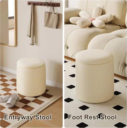Vista 7 de Juego de 2 otomanas beige con almacenamiento, taburete de tocador tapizado de terciopelo, cómodos taburetes redondos de maquillaje, reposapiés