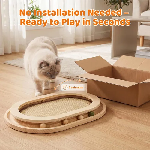 Vista 2 de Rascador para gatos, almohadilla rascador de sisal natural y juguete interactivo para gatitos con pista de bolas y bola de hierba gatera
