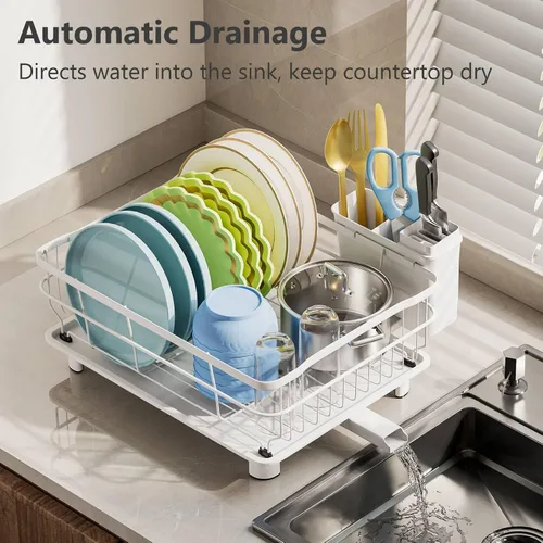Vista 2 de AIDERLY Escurridor de platos de hierro, escurridor de platos de drenaje automático, colador de encimera de cocina con bandeja de drenaje, todo