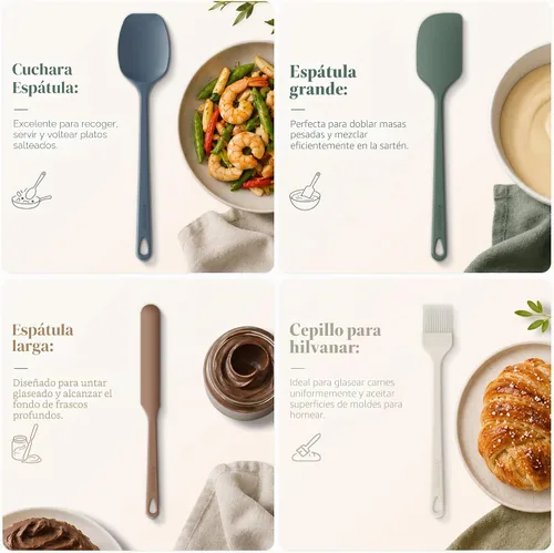 Vista 8 de Astercook Juego de espátulas de silicona de 6 piezas, espátulas de goma resistentes al calor de 560 °F con núcleo de acero inoxidable Morandi