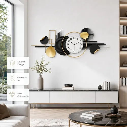 Vista 3 de HAVFIFK - Reloj de pared de metal grande de 59 pulgadas, reloj silencioso 3D para sala de estar Layered Geometric Design, Easy to Install, Heibai