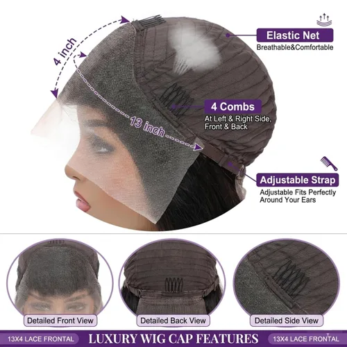 Vista 6 de NKTU Pelucas de cabello humano con encaje frontal, sin pegamento, para Color natural recto