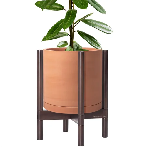 Vista 19 de D'vine Dev Maceta de cerámica con soporte de ébano – Maceta redonda moderna de 8 pulgadas con soporte para maceta de madera, color negro, 55-B-M-2