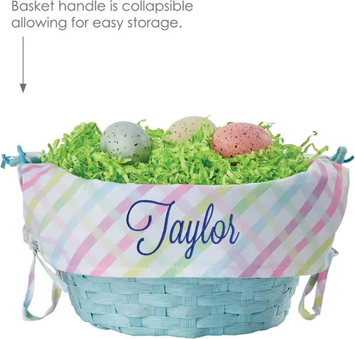 Vista 4 de Cesta de huevo de Pascua personalizada con asa y nombre personalizado en escritura azul marino Forro de canasta de Pascua multicolor Cesta azul