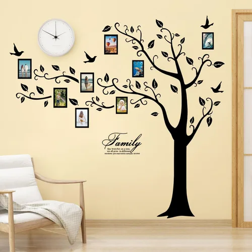 Vista 3 de Adhesivo de pared para árbol de fotos familiar grande, marco de fotos 3D, calcomanías de pared de árbol con citas extraíbles, hojas y pájaros, Negro