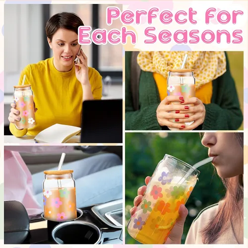 Vista 6 de Cunhill 2 juegos de regalos estéticos de margaritas, taza de café helado, bonitas tazas de vidrio con tapas y pajitas, tazas lindas, taza de flores