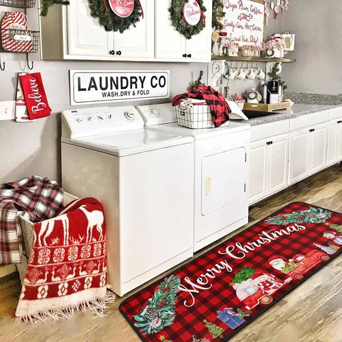 Vista 9 de 2 piezas de alfombras y tapetes de cocina de Navidad para el suelo con respaldo antideslizante, decoración de cocina de Navidad feliz, juego