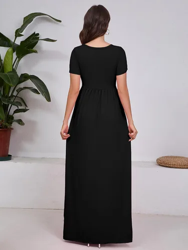 Vista 3 de DEARCASE - Vestido Maxi para Mujer de Manga Corta, Casual de Verano, Holgado, Liso, Cómodo, Vestidos Largos con Bolsillos 1-negro