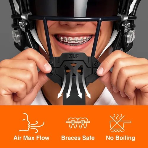 Vista 4 de SLEEFS X - Protector bucal de fútbol negro, protector bucal con correa para casco, boquilla protectora de labios/dientes, moldeable