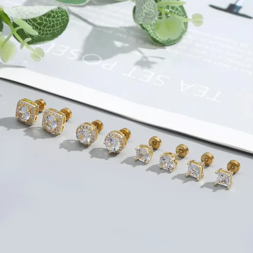Vista 4 de NEWITIN 4 Pairs Flat Back Stud Earrings for Men Cubic Zirconia Halo Earring Dorado (Gold A)