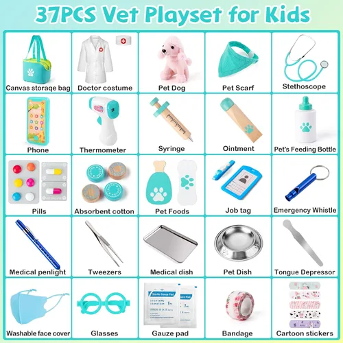 Vista 5 de Sundaymot Kit de Doctor para Niños, 37 piezas de juguetes de jugar al Doctor, kit de Doctor para niños pequeños de 3 a 5 años, con juguete de perro