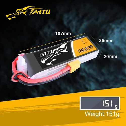 Vista 2 de Tattu LiPo Batería 1800mAh 75C 3S 11.1V con enchufe XT60 para helicóptero RC avión drones FPV