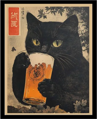 Vista 8 de SENLYCH Póster de pintura en lienzo e impresión vintage de gato negro con cerveza, impresión de arte japonés, gato negro bebiendo cerveza, póster
