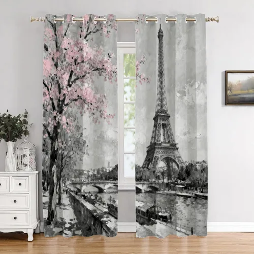 Vista 104 de Cortinas opacas de cocina con pintura al óleo de Europa rosa y negra para ventanas, cenefas opacas modernas de torre Eiffel de poliéster multicapa