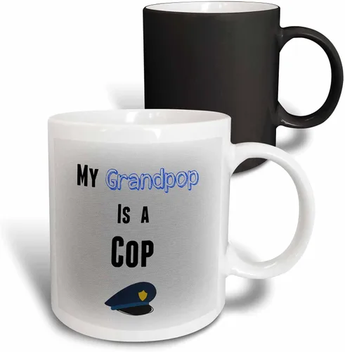 Vista 9 de brooklynmeme Sayings – Mi grandpop es un Cop Frase De Color Azul Con Fondo Gris – Tazas, Negro/Blanco
