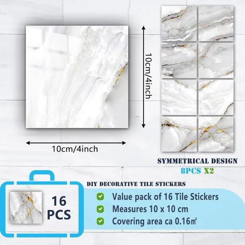 Vista 2 de 16 calcomanías de azulejos con patrón de mármol para decoración de cocina y baño, calcomanías para salpicaduras (4 x 4 pulgadas)