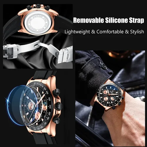 Vista 4 de RORIOS Relojes luminosos para hombre, relojes analógicos de cuarzo con correa de silicona, multifunción, cronómetro para hombre