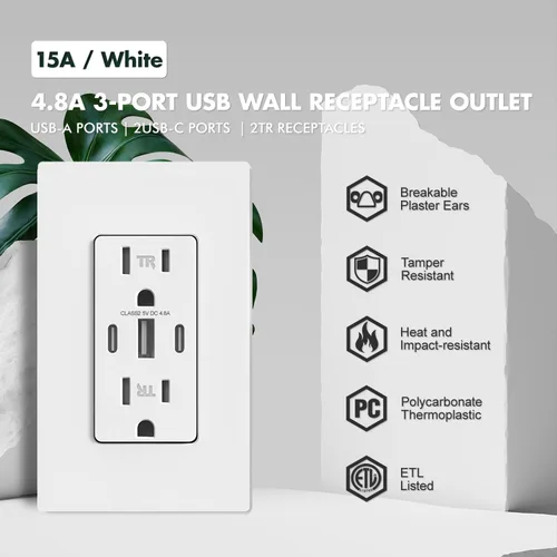 Vista 2 de Micmi Toma de pared USB C, 30 W, 6.0 amperios, 3 puertos USB C, 15 A, receptáculo resistente a manipulaciones con puertos dobles tipo C y A