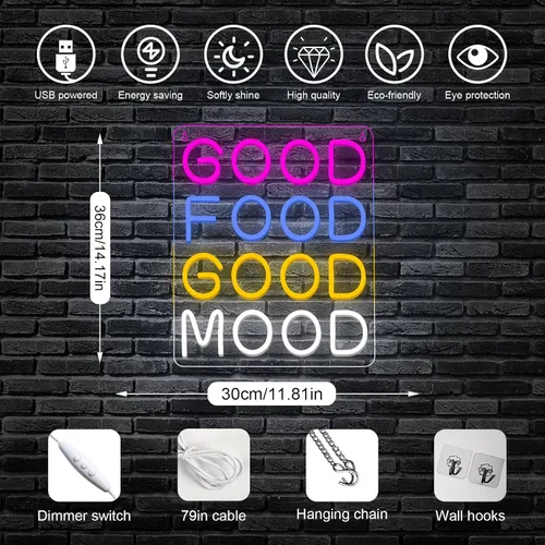 Vista 2 de Horseneon Letrero de neón LED de buena comida y buen humor, letreros de neón de comida para decoración de pared, luz de neón buena comida buen humor