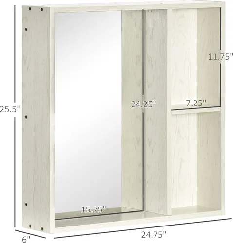 Vista 3 de kleankin Botiquín de baño de 24.75 x 25.5 pulgadas con espejo, estante de almacenamiento, armario de baño montado en la pared para sala de estar