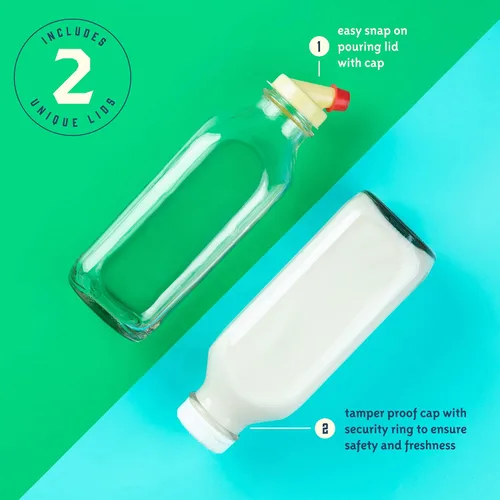 Vista 6 de kitchentoolz Botellas de leche cuadradas de vidrio de 32 onzas con tapas, recipiente de leche de vidrio perfecto para refrigerador, jarras de 1