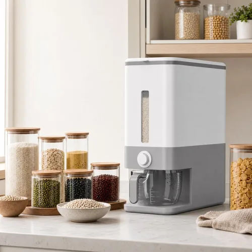 Vista 2 de Proarea Rice Dispenser 25 Lbs, Airtight Grain Rice Storage Container with Measuring Cup, One-Touch Dry Food Dispenser for Kitchen Pantry, Clear