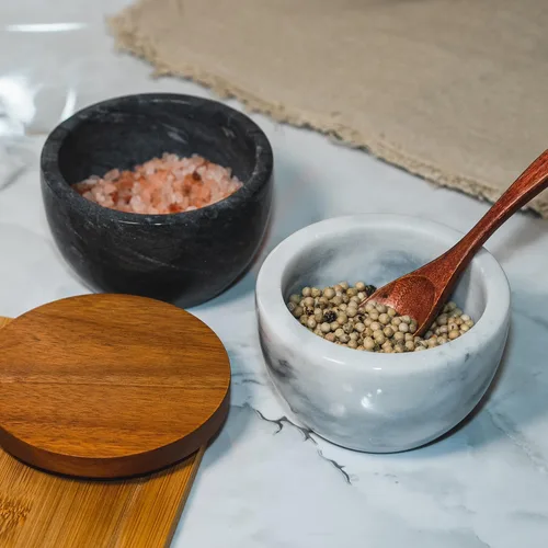 Vista 4 de Azucarero con tapa, contenedor de azúcar de mármol con madera de acacia natural, bodega de sal con tapa, tarro de azúcar, recipiente de sal, Gris