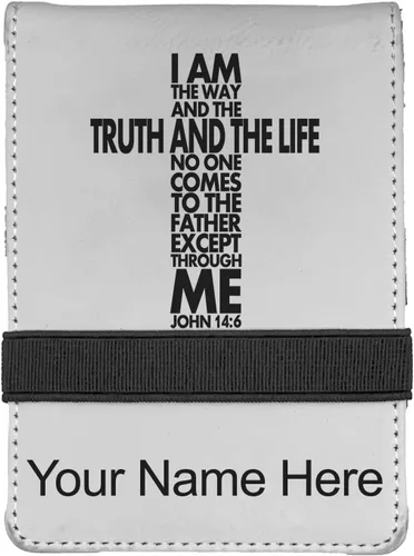 Vista 8 de LaserGram Mini padfolio con bloc de notas y bolígrafo, versículo bíblico John 14-6, grabado personalizado incluido (negro con oro)
