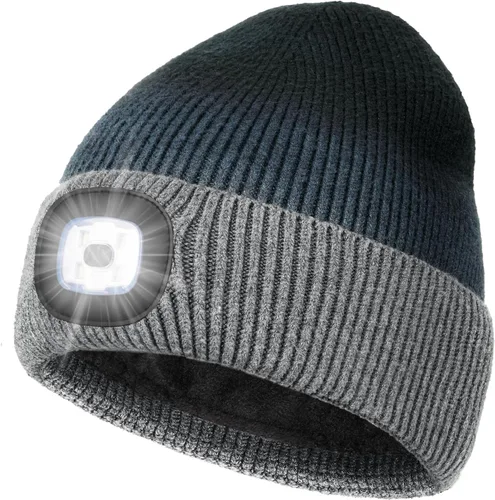 Vista 7 de MELASA Gorro de invierno con forro polar LED, recargable por USB, gorro cálido con luz integrada, regalos para hombres, papá, esposo, él