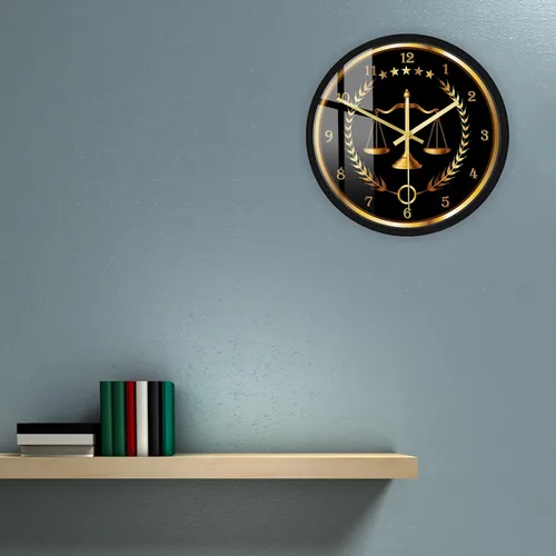 Vista 6 de Scale of Justice - Reloj redondo con marco de metal, funciona con pilas, de cuarzo, sin tictac, marco de aluminio negro, reloj de pared