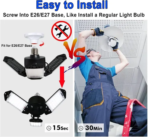 Vista 4 de Luz LED para garaje, 80 W, 8000 lúmenes, luces de techo con 3 paneles ajustables, lámpara LED de 6500 K, luz blanca de día, luces LED para garaje