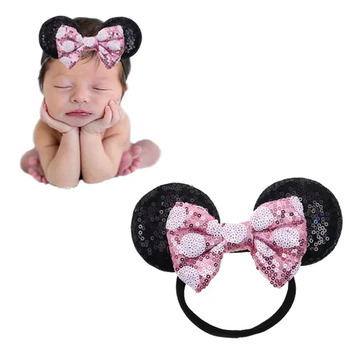 Vista 13 de Diadema de orejas de ratón con lazo de lentejuelas, banda elástica suave para el pelo, diadema de fiesta para bebés, niñas recién nacidas, niños
