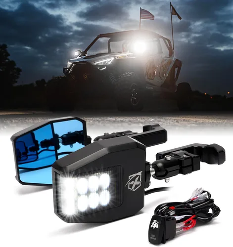 Vista 10 de Xprite UTV Espejos Laterales de Aluminio con Focos LED Lente Transparente Compatible con Barra de Jaula Antivuelco de 1.75"-2" para Pioneer Polaris