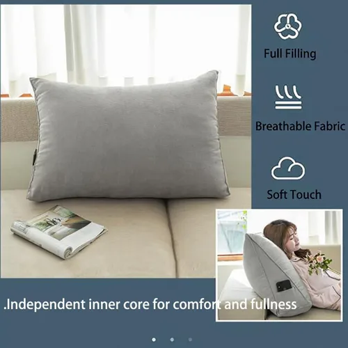 Vista 3 de Almohada triangular de cuña negra y gris para sentarse en la cama, cojín de cuña para respaldo, soporte lumbar de espalda, almohada tapizada