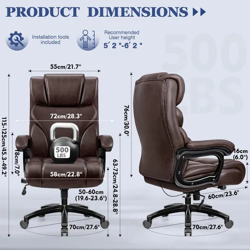 Vista 3 de Office Chair, Ergonomic Big and Tall 500lbs Computer Desk Chairs, Heavy Duty Executive Breathable Leather Chair with Adjustable High Back, Lumbar