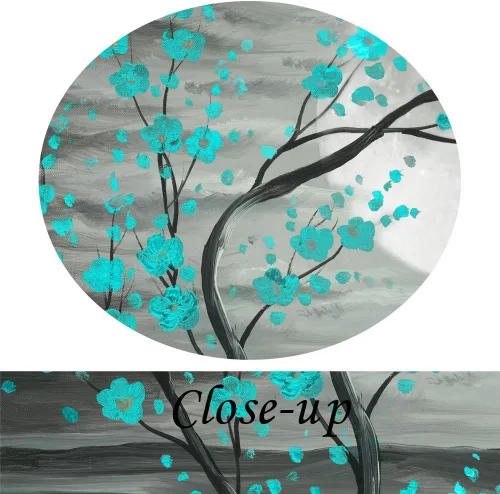 Vista 5 de KREATIVE ARTS Lienzo grande de 5 piezas de impresiones artísticas para pared, color verde azulado, gris, ciruelo, árbol de flor de ciruelo, pinturas