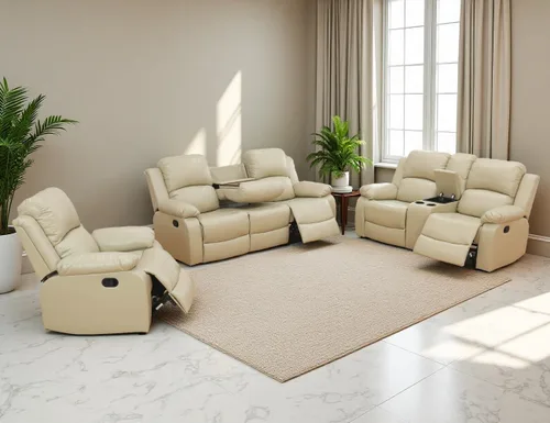 Vista 7 de Sofá reclinable manual, sofá reclinable de lujo de 3 plazas, sofá reclinable con portavasos y mesa de café, sofá de cuero sintético para sala