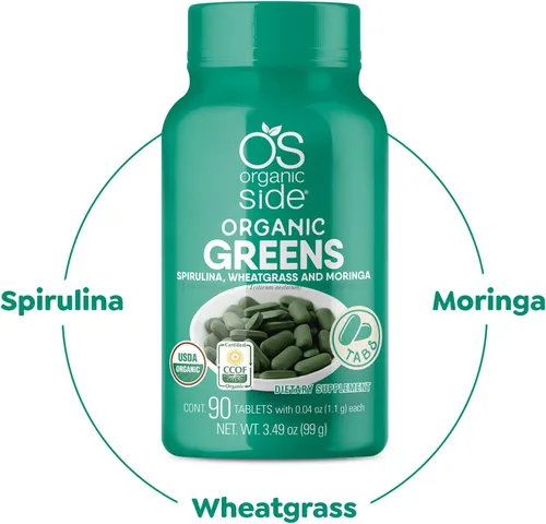 Vista 5 de OS Organic Side - Verdes orgánicos (espirulina, pasto de trigo y moringa) 90 tabletas - Rico en vitaminas y minerales - Super Greens 1100 mg
