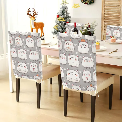 Vista 3 de Chairs Slipcovers Anti-Dust for Party Set of 2 Chair Covers with Bottom Straps cubre sillas para comedor Decor Cute Cartoon Alpaca Dark Grey Kids