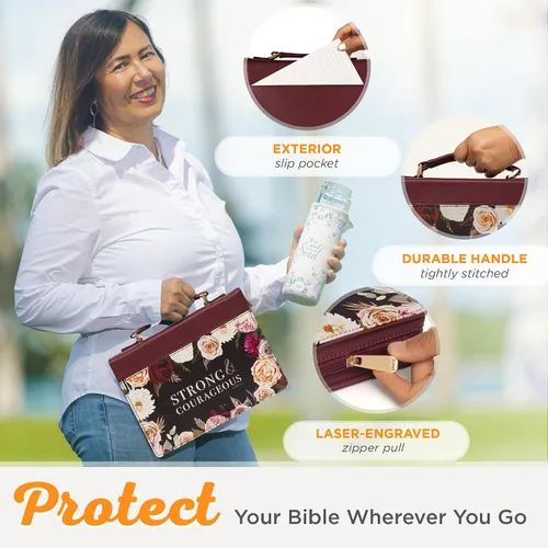 Vista 5 de Christian Art Gifts Funda protectora de piel sintética para la Biblia con asa para mujer: fuerte y valiente, versículo bíblico inspirador Joshua